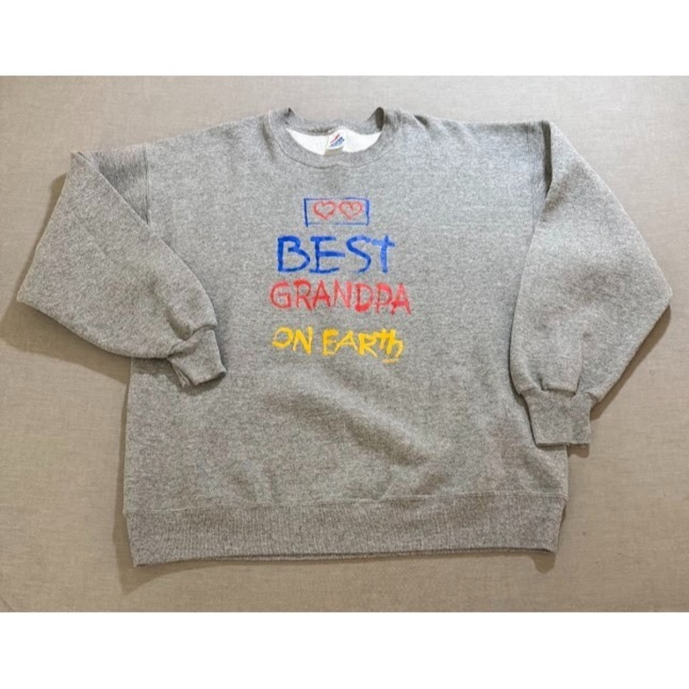 Vintage Best Grandpa On Earth Sweatshirt Mens Gray XL Pullover Long Sleeve 80s.